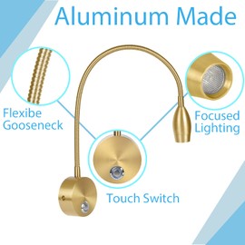 Adust Bedside Reading Light, Bedroom Reading Lamp, 3W LED Touch Dimmable Brightness Minimalist Wall Headboard Reading Lamp, Adjustable Colour Temperature, 3000k, 4000k, 6000k (Gold (2-Pack))