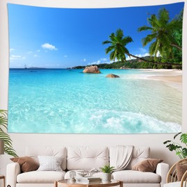skcess Polyester Tapestry Ocean Beach Tapestry, 300 x 260 cm, Palm Tree Blue Sky Tapestry, Natural Table Curtain, Wall Decor, Wall Hanging for Living Room