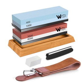 Knife Sharpening Stone Kit – 400/1000 3000/8000 Grit Wet Kitchen Whetstone Knife Sharpener Set with Non-slip Bamboo Rubber Base, Angle Guide, Flattening, Leather Strop and Cut Resistant Gloves