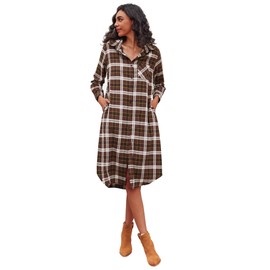 Ekouaer Women's Nightgown Plaid Flannel Warm Cotton Christmas Nightgown Sleep Shirt Button-Front Nightshirt Sleepwear Coffee