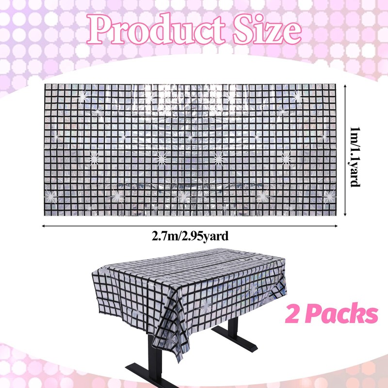 2 Pack Disco Tablecloth Party Decorations, Holographic Silver Glitter Plastic