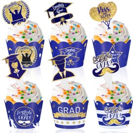 Lnngub Pack of 48 Graduation Cupcake Toppers, 24 Pieces 6 Styles Cupcake Toppers and 24 Pieces 6 Styles Cupcake Packaging Creative Graduation Cupcake Decoration for Graduations, Graduation Ceremonies
