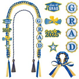 COCHIE Graduation Leis 2025, Graduation Ribbon Lei with Honor Cord & Braided Bracelet, Class of 2025 Money Leis for Grad Party Decorations, Graduation Gifts for Women Men - Embroidery (Blue and Gold)