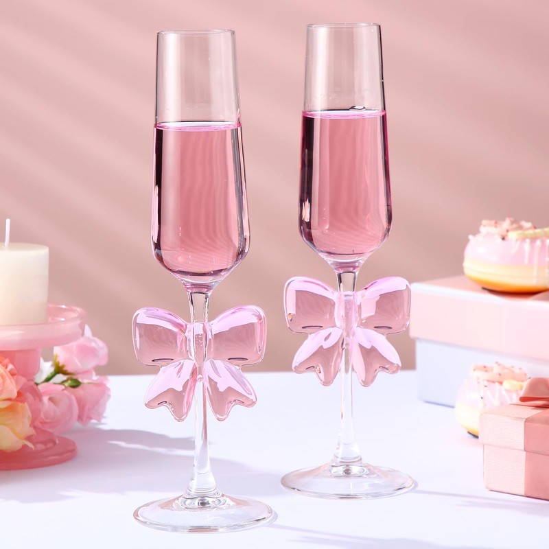 Reallnaive 2 Pcs Cute Pink Bow Glass Cups 8oz Coquette