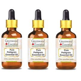 Greenwood Essential Pure Petitgrain Essential Oil (Citrus aurantium amara) with Glass Dropper Natural Therapeutic Quality Steam Distilled (Pack of Three) 100 ml x 3 (10 oz)