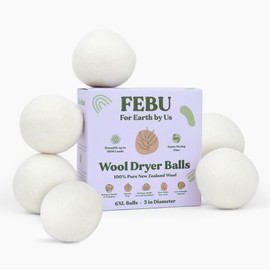 FEBU Wool Dryer Balls, 6-Pack, XL | 100% New Zealand Wool | Natural, Reusable Fabric Softener | Alternative to Dryer Sheets | Reduces Wrinkles, Shortens Drying Time, Zero Waste