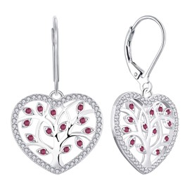 YL Women's Tree of Life Heart Earrings 925 Sterling Silver Cut White/Green Cubic Zirconia Tree of Life Earrings for Women, Silver, Ruby