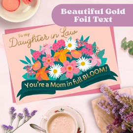 Honeyplum Mothers Day Card For Daughter in Law With Envelope - Bright & Colorful Floral Design With Gold Foil Lettering - 4 x 6 Inches