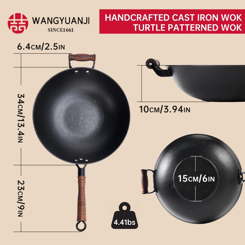 WANGYUANJI Cast Iron Wok,13.4 inch Flat Bottom Wok with Glass