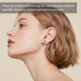 Funny Chicken Earrings - 3D Realistic Mini Chicken Studs, Hen Chickens, Rooster Drop Dangle Earrings (White Chicken Earrings)