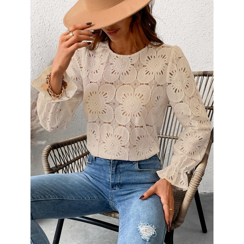 CUPSHE Women's Pullover Crew Neck Long Puff Sleeves Overcut Shoulders