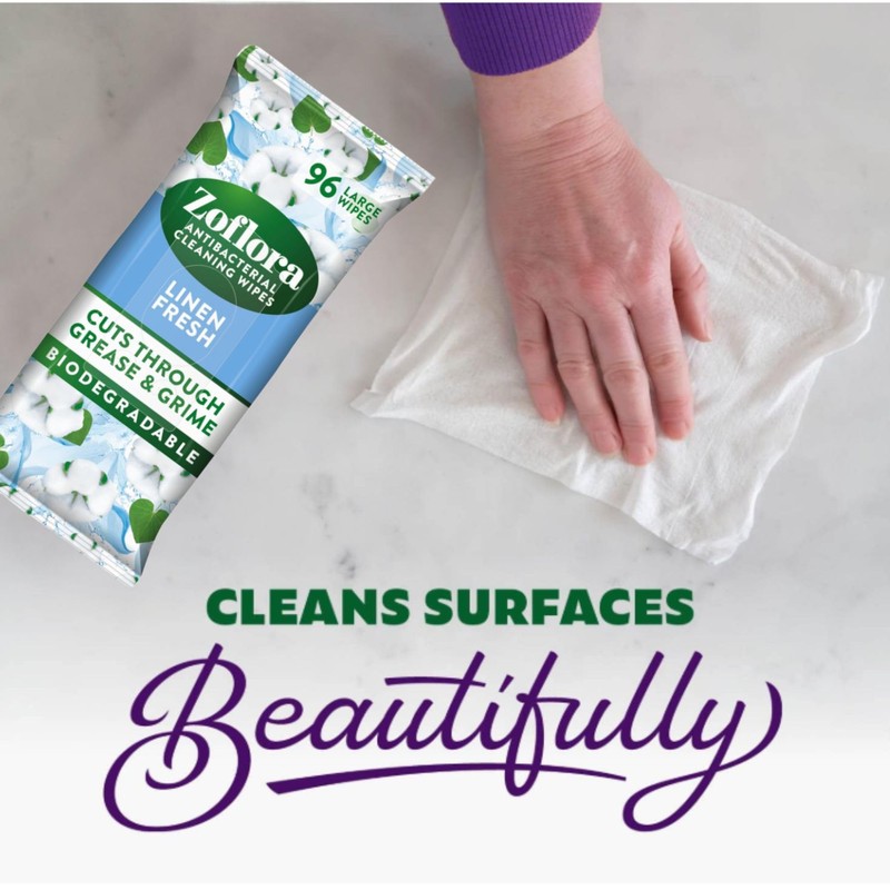 Zoflora Linen Fresh Antibacterial Biodegradable Wipes, 1 x 96 Wipes,