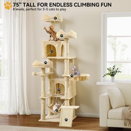 YITAHOME Tall Cat Tree for Indoor Cats, 75 inch Multi-Level Cat Tower with Cat Condos, Top Perches, Sisal Ramp Scratching Posts, Cozy Basket, Hammocks, Large Cat Pet Activity Structure,Beige