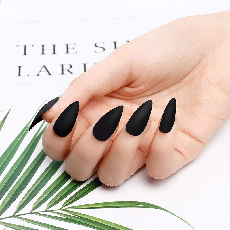 Matte Press on Nails Stiletto Almond Medium Length Black Pure
