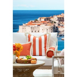 Hofdeco Premium Fall Coastal Patio Indoor Outdoor Bolster Pillow Cover Only, 6"x20" Water Repellent for Backyard, Couch, Solid Rust Orange Fringe