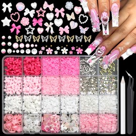 RODAKY Assorted Bow Nail Charms Pink&White Flatback Pearls Resin Charm for Nails Tiny 3D Flower Rhinestone Gems Metal Butterfly for Manicure Design Craft DIY Accessories