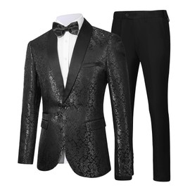 LiveZou Men's Floral Dinner Party Prom Wedding Stylish Tuxedo Suits for Men One Button Dinner Jacket Pants Set, Black-2 Pieces, Small