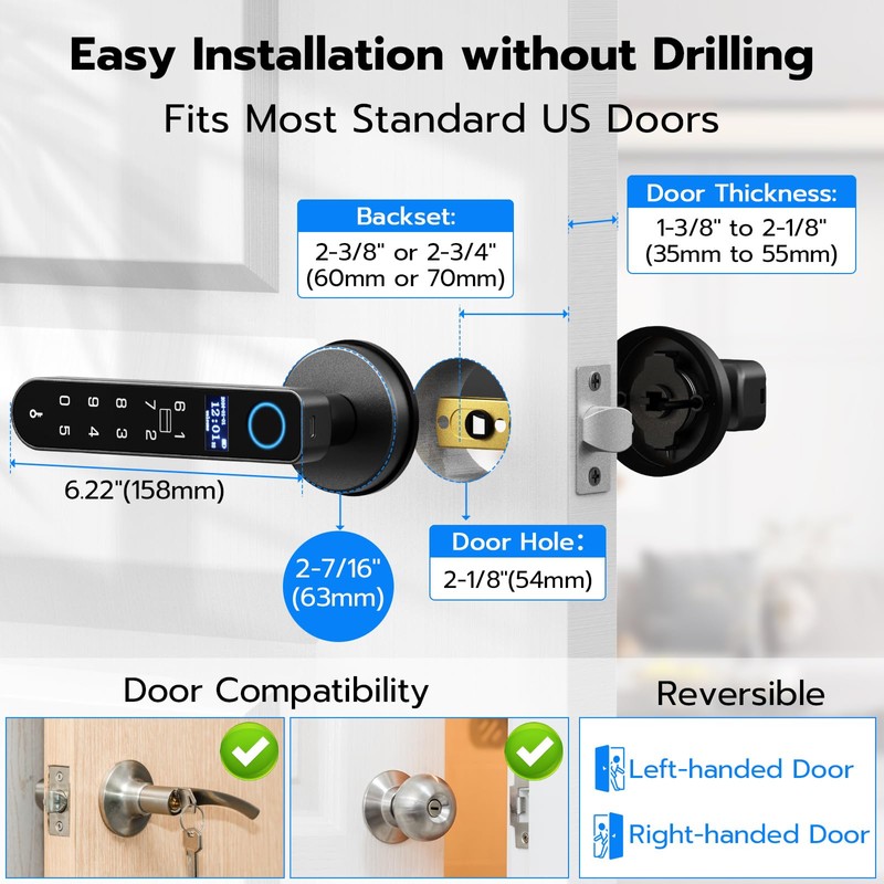 Smart Fingerprint Door Knob Lock with Display Screen, Fingerprint Biometric