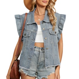 TYHOTULY 2025 Women's Denim Y2K Vintage Jean Crop Top Ruffle Sleeve Collared Neck Button Down Summer Casual Jacket (Blue,X-Large)