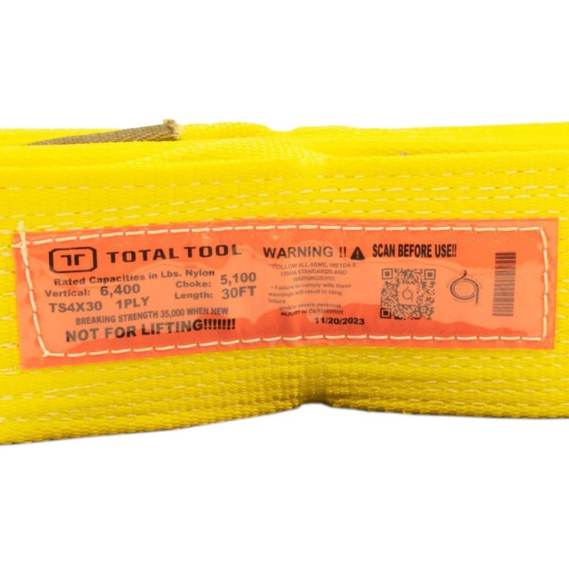 Heavy Duty Tow Strap, 4" x 30 ft, Yellow, Industrial