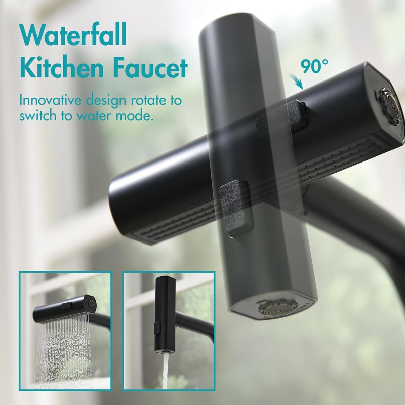 CENOSA Kitchen Faucet with Pull Down Sprayer Waterfall Single Hole