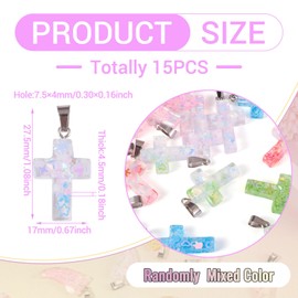 Boutigem 15Pcs Glow in The Dark Cross Charms Luminous Resin Sequins Crucifix Pendants with Silver Hook Colorful Cross Dangle Charms for DIY Crafts Necklace Keychain Hang Ornament Jewelry Making