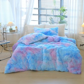 chovy Kids Girls Faux Fur Blue Rainbow Comforter Sets Queen - 3PC Bed Set Soft Warm Comfortable Classical Rabbit Plush Velvet Flannel Fluffy Fuzzy Bedding（Comforter x 1 Pillowcases x 2）