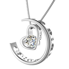 murtoo Women's Necklace Heart Pendant Silver Rose Gold Zirconia I Love You Jewelry Gift Box Moon Necklace for Women Girls (Silver Moon - I you)