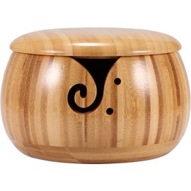 Bamboo Yarn Bowl, Round Shape Yarn Storage Bowl with Removable Lid Handmade Wool Knitting Storage Ball Bowl for Knitting Crocheting, 15.5x9.5CM