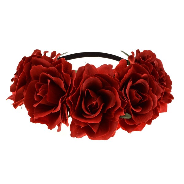 June Bloomy Rose Floral Crown Garland Flower Headband Headpiece for Wedding Festival (Dark Red)