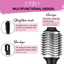 Ouphiny Blow Dryer Brush, 3 in 1 Ceramic Hot Air Brush Set Volumizer with Negative Ionic, 3 Inch Oval Brush Hot Tools Set for All Hair Types, Interchangeable Multi-Temperature Settings, Pink