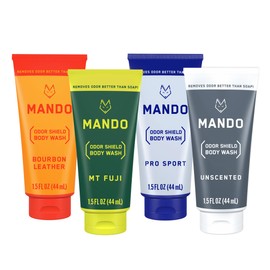 Mando Mini Body Wash - 24 Hour Odor Control - Removes Odor Better than Soap - 1.5 Ounce Tubes (Pack of 4, in 4 scents: Bourbon Leather, Pro Sport, Mt Fuji, Unscented)