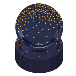 CEILWIEN Navy Paper Plates, Pack of 50 Navy Blue Paper Plates with Golden Foil Dots, Birthday Party Tableware, Paper Plates, Gold Foil Party Tableware