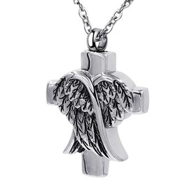 COCO Park Angle Wing Cross Pendant Urn Necklace Keepsake Stainless Steel Ash Cremation Jewelry