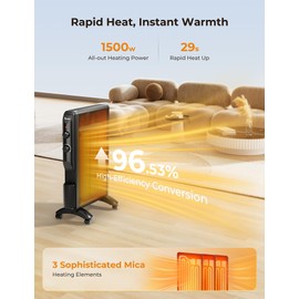 Reekie Electric Space Heater for Indoor Use 1500W, Large Room Heater with Thermostat, 2 Heat Settings, Fast Heating, Quiet, Safety Protection, Portable Mica Heater for Office Home Bedroom 120V Black