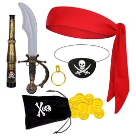 Spinosaurus 7 Pcs Pirate Accessories Sets for Adult Kids,Captain Costume Accessories Pirate Bandana Eye Patch Telescopes Earring Wallet with Gold Coins for Role Play Pirate Dress Up Props