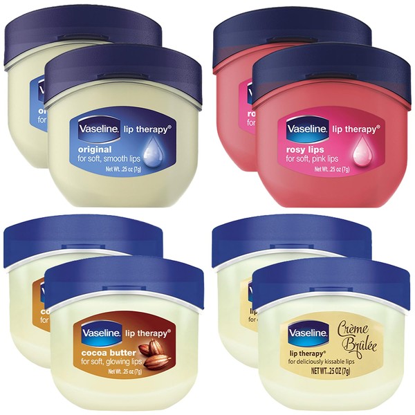 Mini Vaseline Lip Therapy Rosy Lips, Cocoa Butter, Creme Brulee, Original - Vaseline Lip Balm, Tinted and Clear Lip Gloss Set, 2 of Each, 0.25 Oz Ea (8 Piece Set)