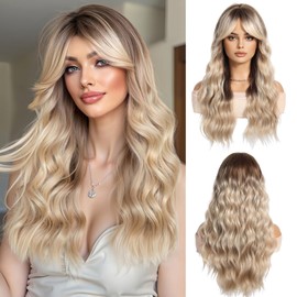 OUFEI Ombre Blonde Long Wavy Wig for Women with Curtain Bangs Natural Curly Synthetic Hair Heat Resistant Wigs for Daily Party Cosplay Wear