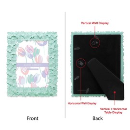 Laura Ashley 5x7 Mint Green Flower Textured Hand-Crafted Resin Picture Frame w/Easel & Hook for Tabletop & Wall Display, Decorative Floral Design Home Décor, Photo Gallery, Art (5x7, Mint Green)
