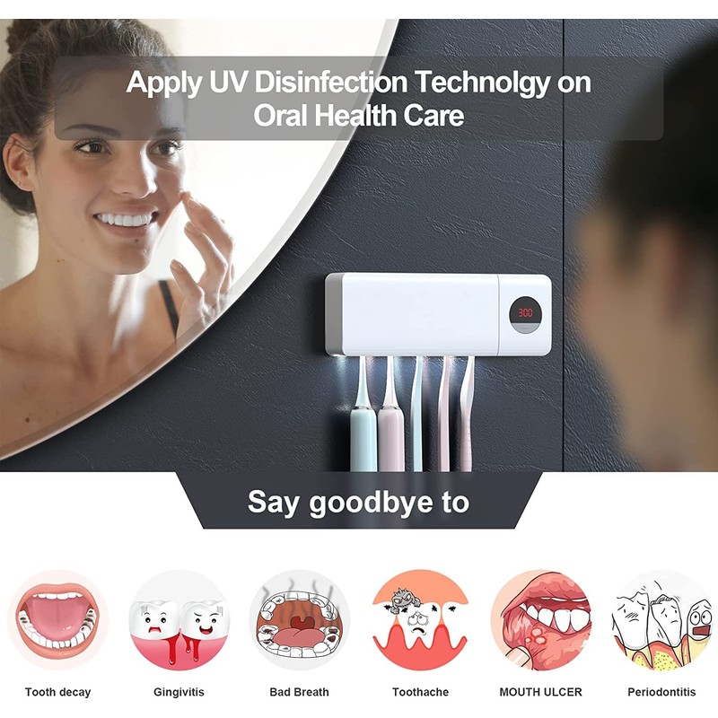 HouseGem Toothbrush Holder, Timer Function, 2000mAh Rechargeable Cordless Wall-Mounted Bathroom