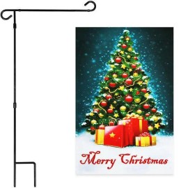 UD_G128 Combo Pack: Garden Flag Stand Black 36x16 Inch & Garden Flag Merry Christmas Tree with Gifts 12x18 Inch