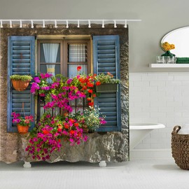 JIANGLANY European Flowers Scenery Garden Decoration Shower Curtain, Old Window with Open Blue Shutters Decor Shower Curtain for Bathroom 180x180cm Fabric Bathroom Curtain with Hooks