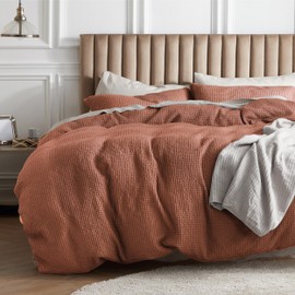 Bedsure Cotton Duvet Cover Queen - 100% Cotton Waffle Weave Burnt Orange Duvet Cover Queen Size, GentleSoft™ and Breathable Bedding Set for All Season, 3 Pieces, 90"x90"