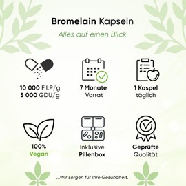 Bromelain 200 Capsules 500 mg | 10000 F.I.P/g | 5000 GDU/g | Vitamin C | 7 Months Supply | High Dose | Includes Pill Box | 100% Vegan | Pure Vegetable | Laboratory Tested | Made in Germany