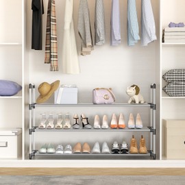 Starunder 3-Tier Shoe Organizer with Non-Woven Fabric, Stackable Grey Shoe Rack for Closet, Easy to Install