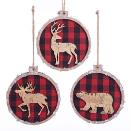 Kurt Adler Red Buffalo Plaid with Bear Deer and Moose Christmas Holiday Ornaments Set of 3