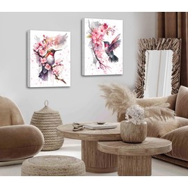 LNLAGBO Framed Birds Canvas Wall Art,Watercolor Hummingbird Canvas Wall Art,Set of 2 Cherry Blossom and Hummingbird Wall Art,Living Room Bathroom Decor (12"x16")