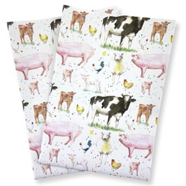 Farm Animal Recycled Gift Wrapping Paper - cows - sheep - pigs- hens - birthday - Christmas - Father's Day - 2 sheets and 2 strung tags