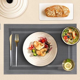 FGSAEOR Silver Placemats Set of 6, Heat Resistant Non-Slip Woven Vinyl Placemats, Washable Durable PVC Table Mats for Dining Table, Easy to Clean Stain Resistant Kitchen Table Placemats