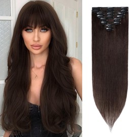 S-noilite Clip-In Real Hair Extensions, Dark Brown, Remy Human Hair, 70 g, 45 cm, Thin Wefts, 8 Wefts, #2
